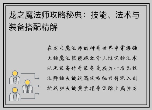 龙之魔法师攻略秘典：技能、法术与装备搭配精解